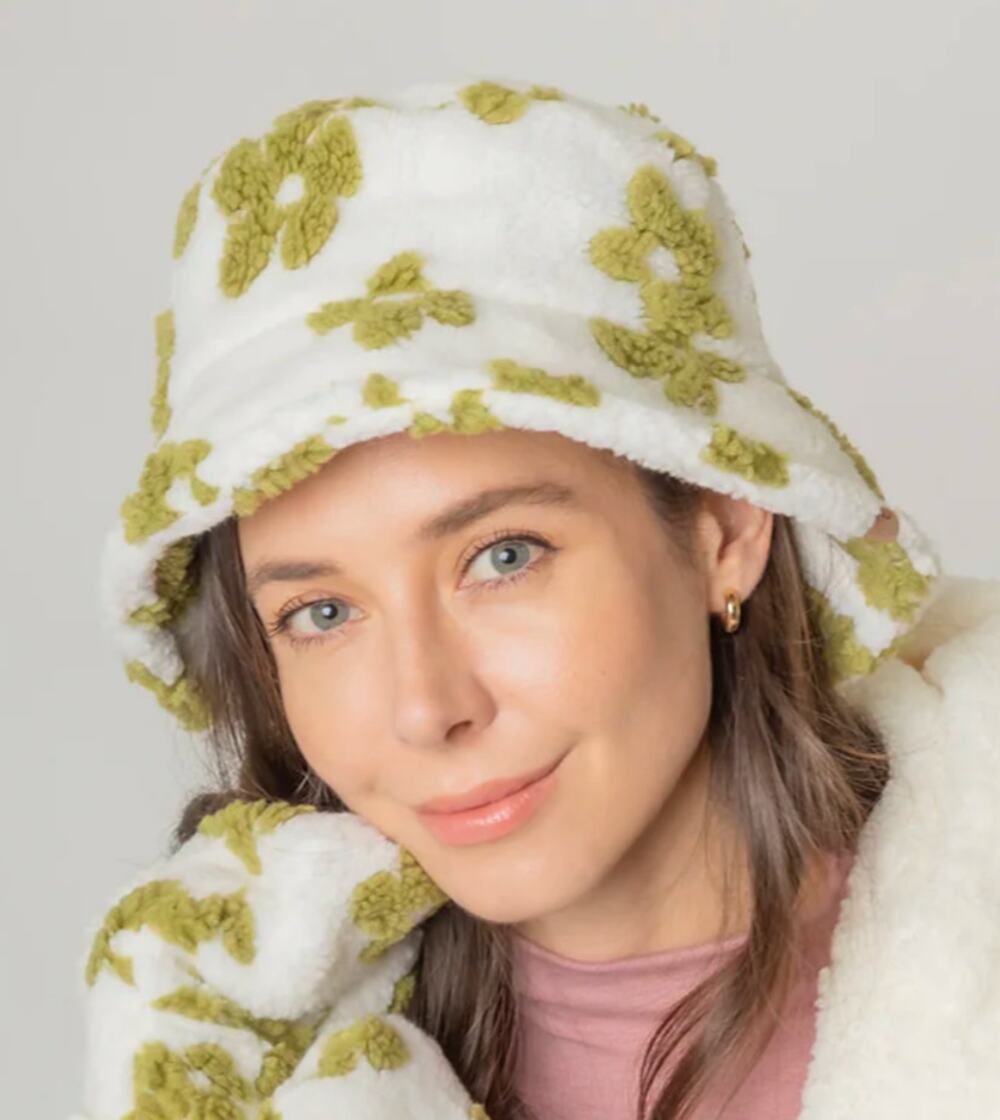 Fadivo New York White & Green Floral Sherpa Bucket Hat